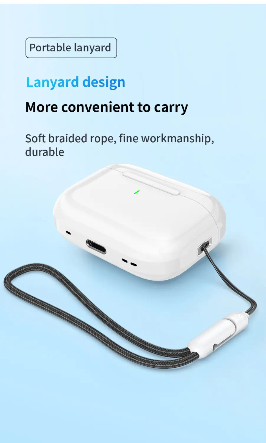 White apple AirPods case with black braided lanyard attached for true wireless Bluetooth earphones with hifi noise reduction.