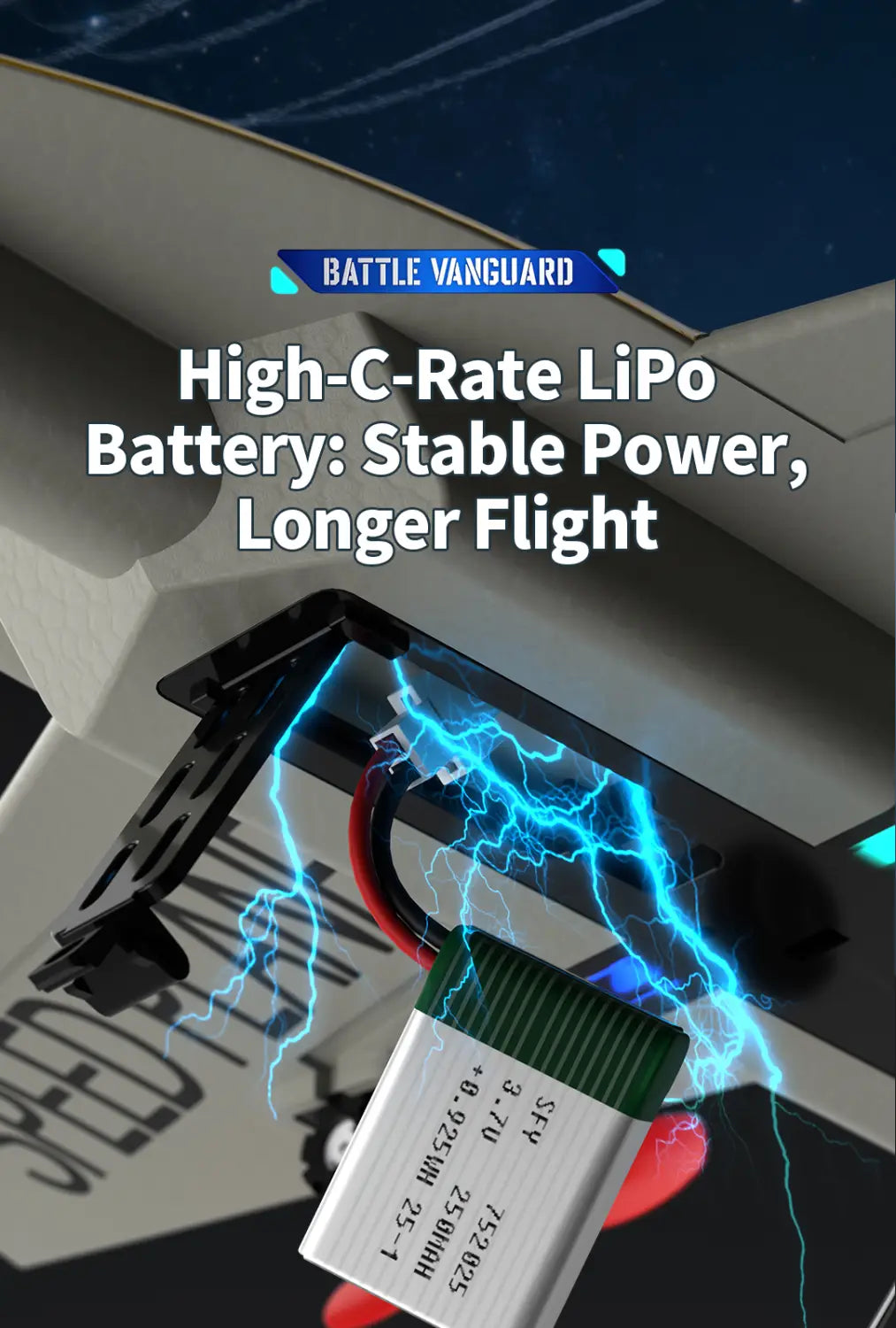 Battle Vanguard high c-rate lipo battery with green and white casing for stable power and longer flight in remote control F18 Hornet foam glider jet.
