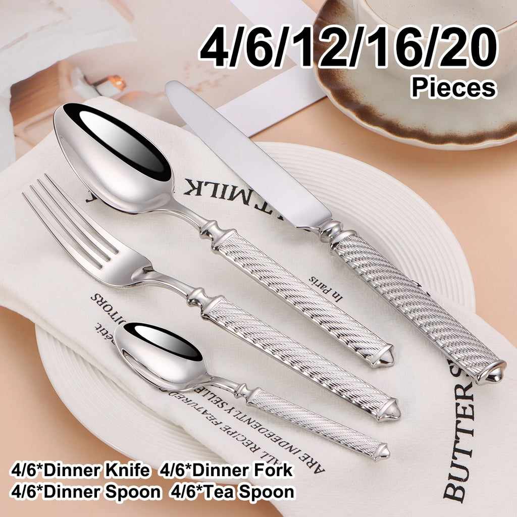 4/6/12/16/20Pcs Sliver Tableware Stainless Steel Cutlery Mirror Double Sided Pattern Handle Fork Mirror Western Gold Dinner Set