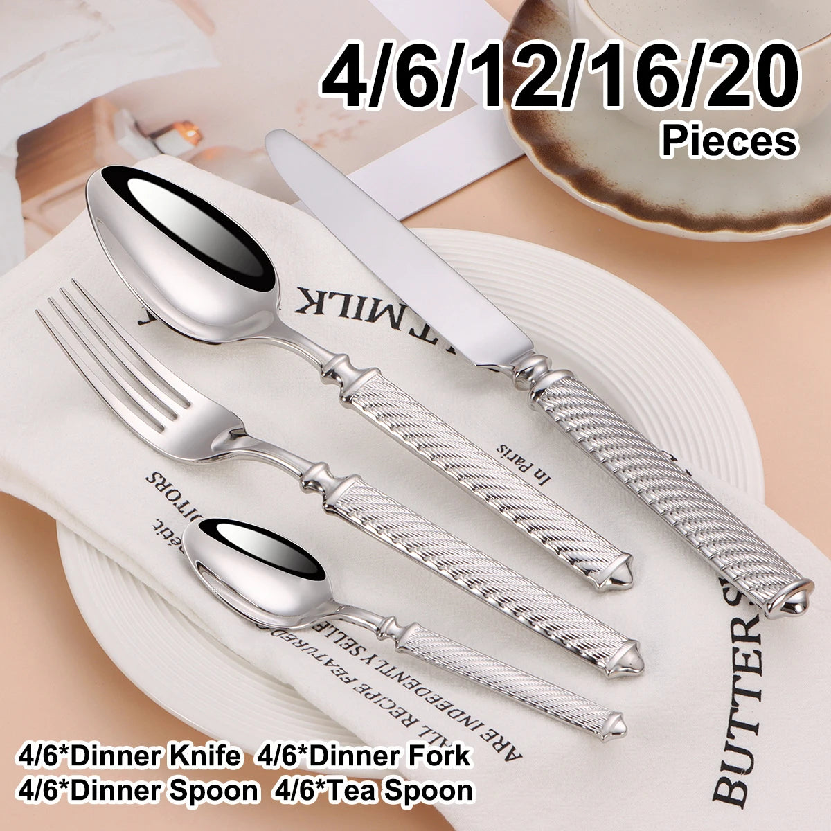 4/6/12/16/20Pcs Sliver Tableware Stainless Steel Cutlery Mirror Double Sided Pattern Handle Fork Mirror Western Gold Dinner Set