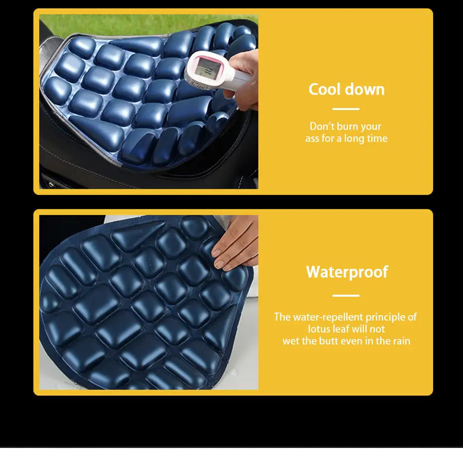 Cojín inflable azul para asiento de motocicleta con un diseño tipo acolchado y burbuja, fabricado en material EVA transpirable para mayor comodidad.