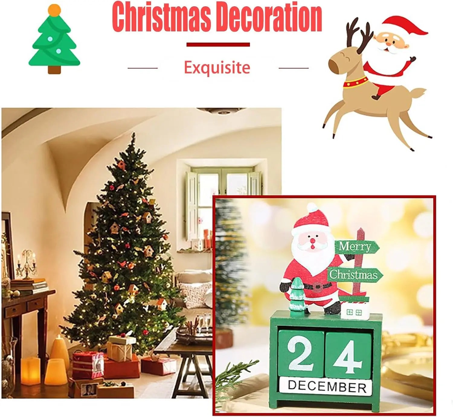 green wooden christmas countdown calendar blocks featuring a santa claus figurine and merry christmas signs for holiday decoration and countdown.