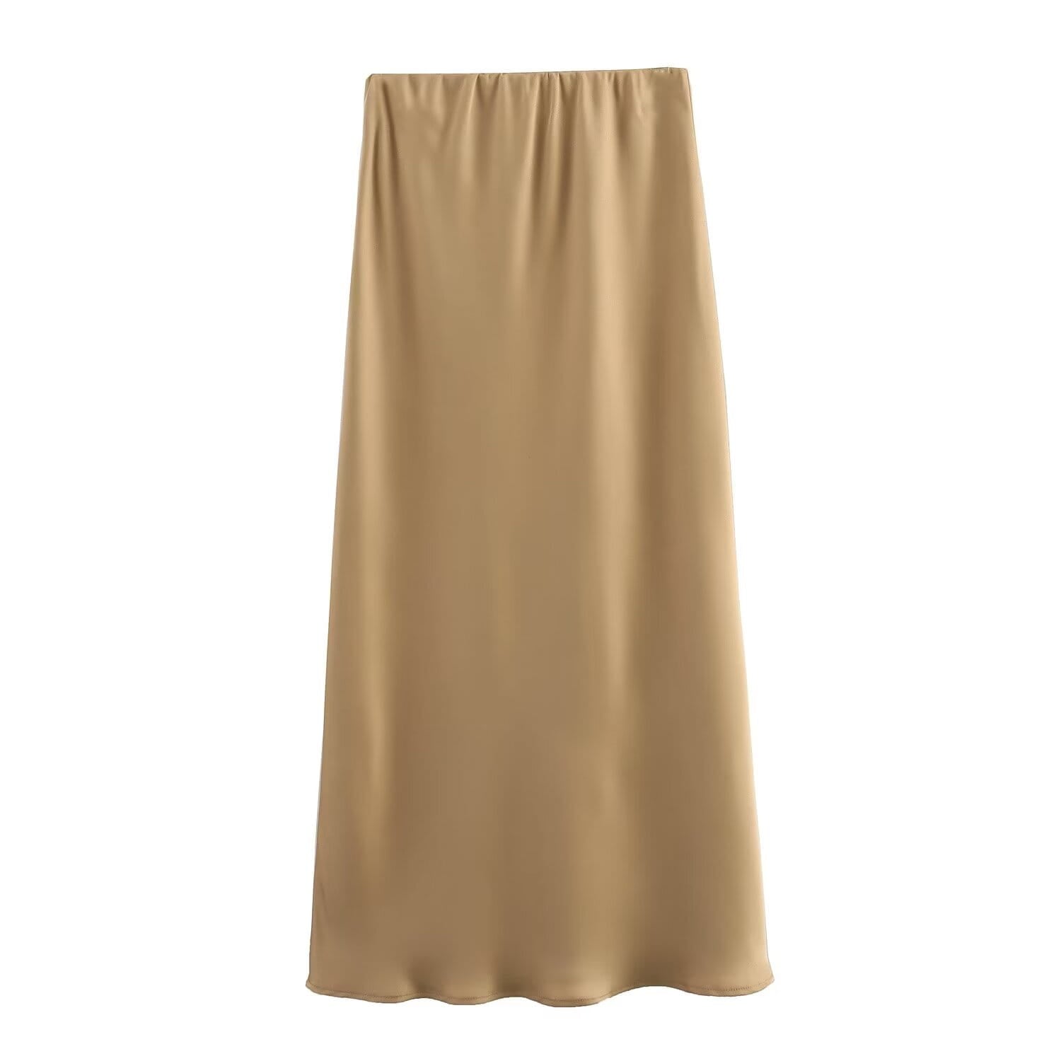 Une jupe midi en satin taupe clair, à taille haute avec ceinture élastique et tombé fluide, conçue comme une longue jupe élégante.