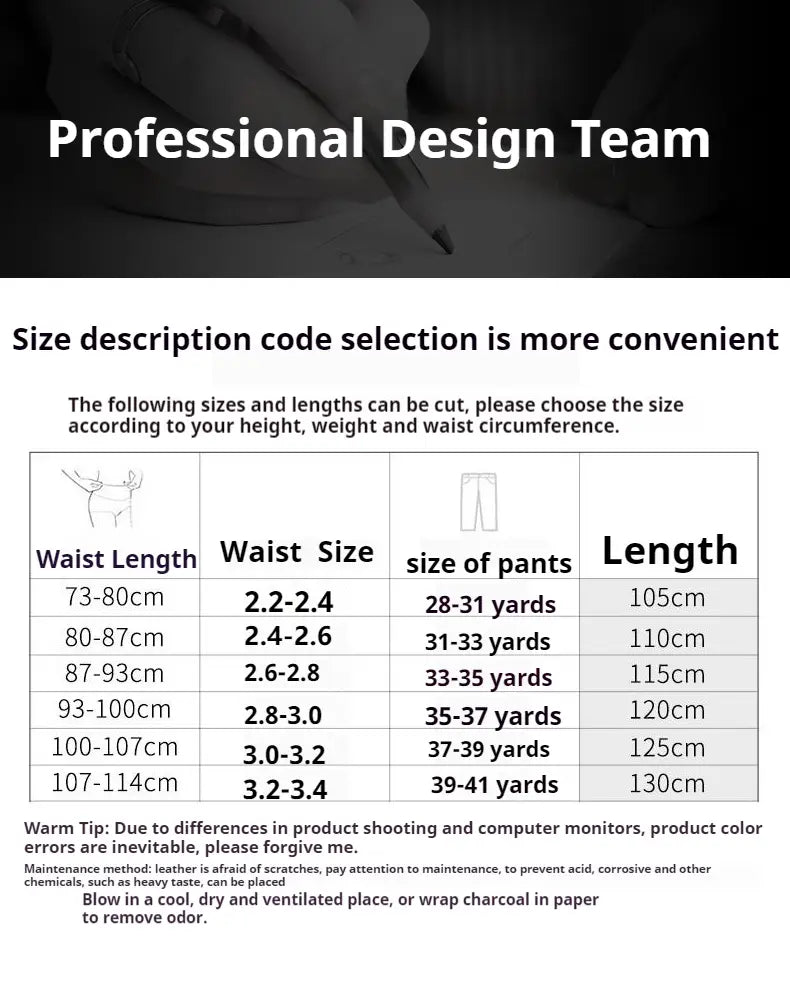 Professional design team branded size chart for ratchet leather belt for men with adjustable automatic buckle showing waist length sizes and fabric yardage measurements.