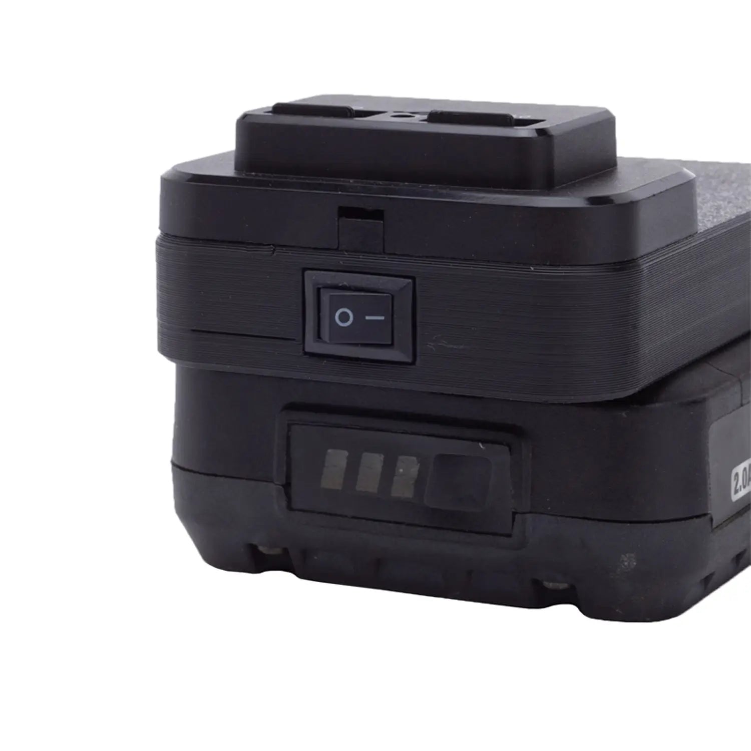 black plastic ferrex 20v power bank with fast charging usb adapter featuring a toggle switch and led indicator lights