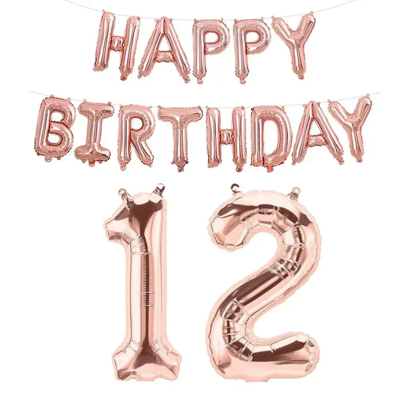 Juego de guirnalda de globos de lámina color rosa dorado con "Cumpleaños feliz" y el número 12 para celebraciones de cumpleaños.