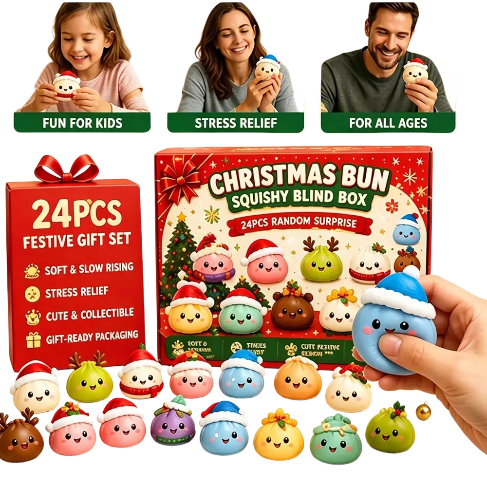 A blue round christmas-themed squishy toy with a white-trimmed santa hat and cute facial features front view