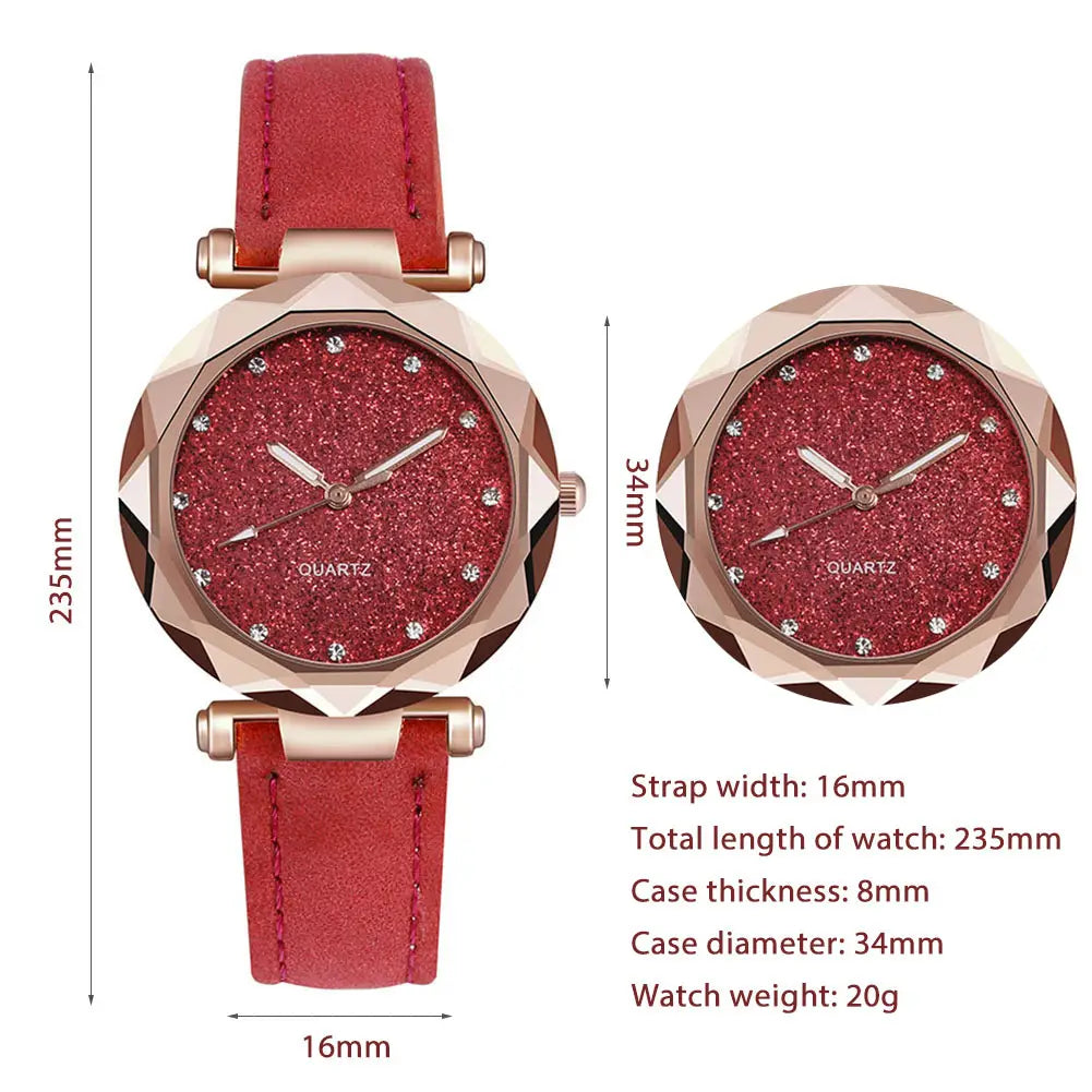 Herren-Quarz-Leder-Geschäftsuhr mit einem roten glitzernden Quarz-Zifferblatt, roségoldfarbenem geometrischem Gehäuse und passendem Wildlederarmband.