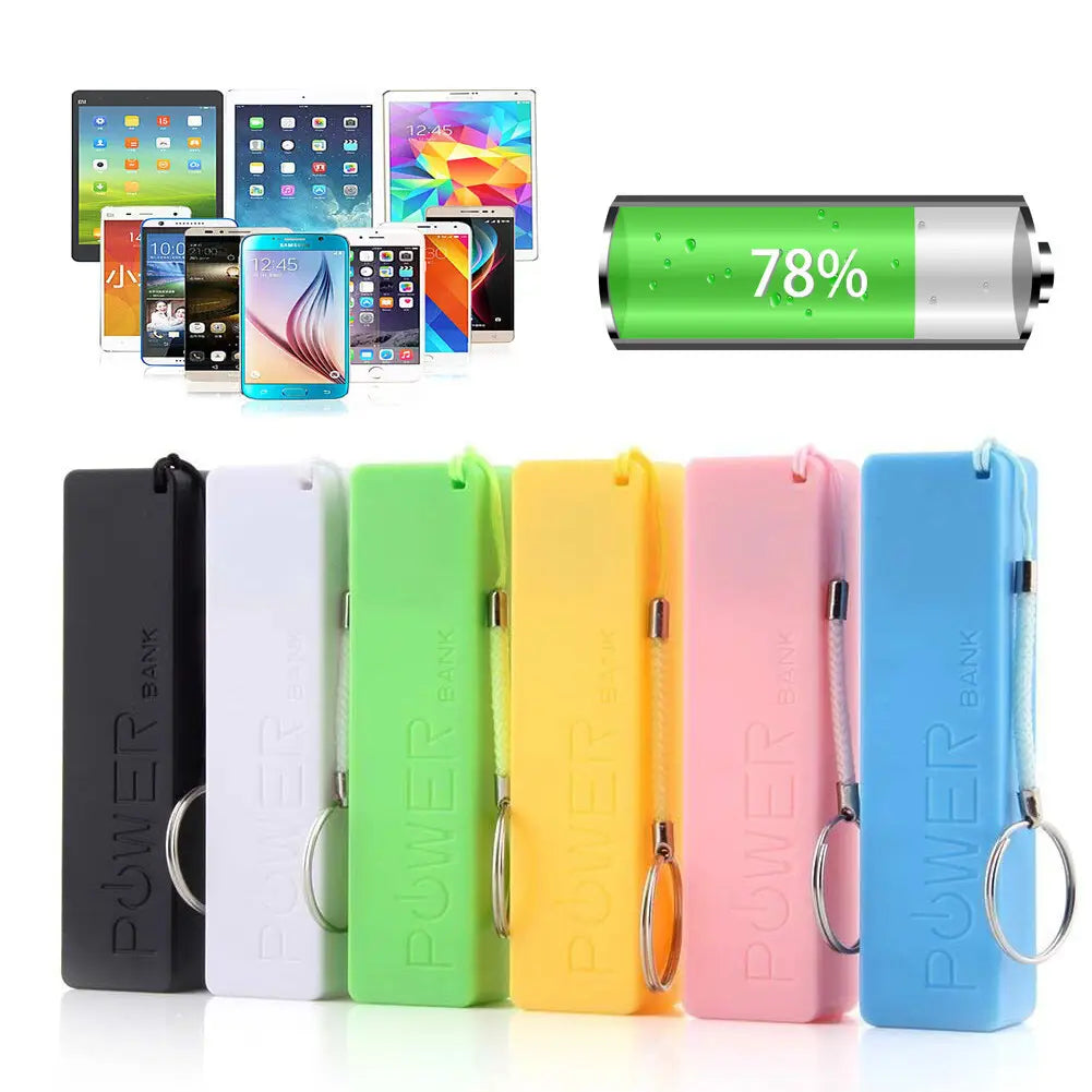 A set of colorful rectangular portable power banks in black white green yellow pink and blue with micro usb compatibility designed for 18650 battery portable power.