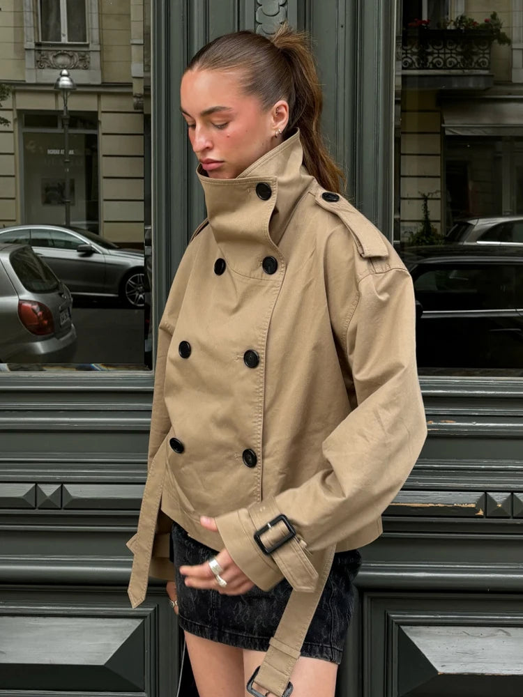 Women's Trench Coat Khaki Short Stand Collar Double Breasted Long Sleeve Jacket 2026Spring Autumn New Lady Casual Street Outwear