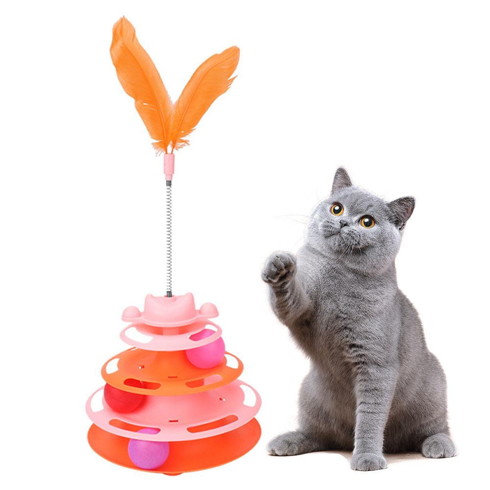 Pink and orange multi-level interactive cat toy tower featuring roller balls and a feather for engaging pet play