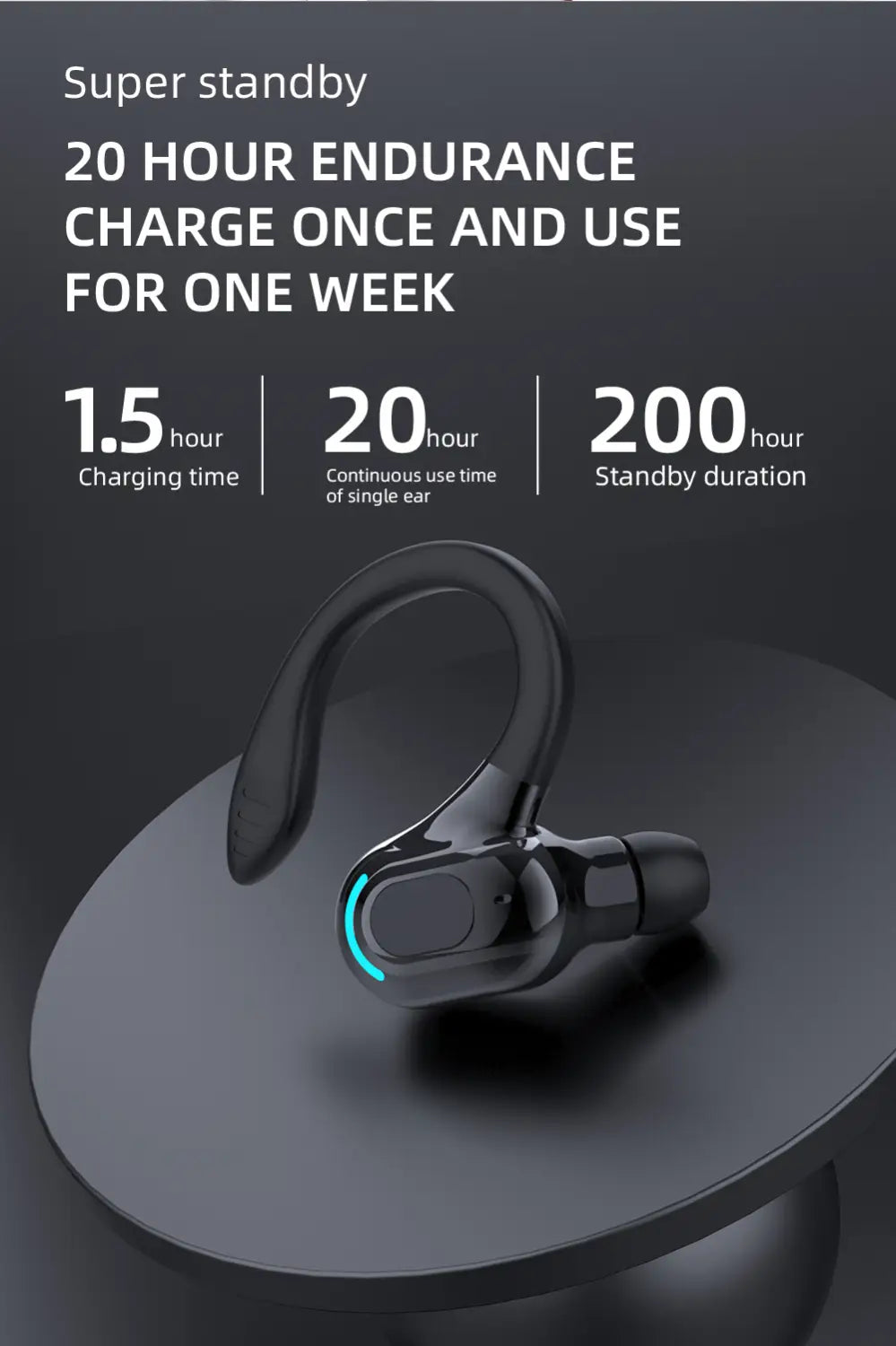 Black wireless ear hook sport earbud with sleek ergonomic design and glowing blue accent light on the charging port featuring Bluetooth 5.2 connectivity.