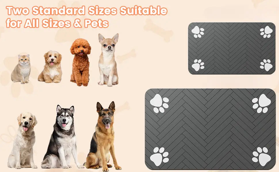 Black herringbone-patterned feeding mat with white paw print decals made of waterproof rubber for dog and cat food bowls.