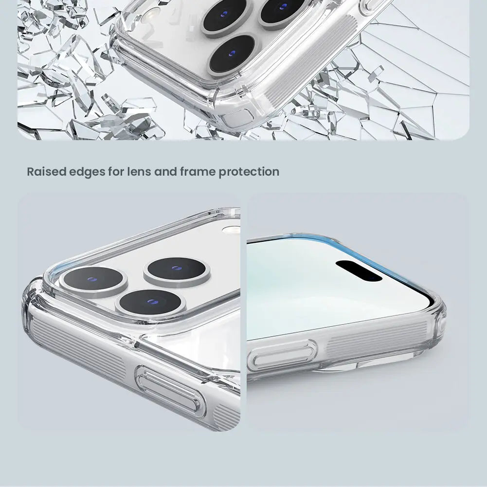 Clear protective phone case showing the back side with raised edges and textured grip made of nature TPU material from the Nillkin Nature TPU Pro series for iPhone 17.