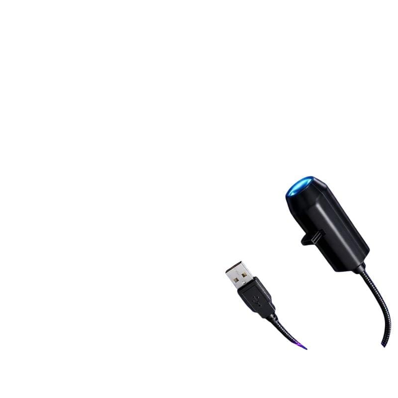 Black USB cable with a glowing blue light at the connector and purple-tipped wire for the Usb Star Galaxy projection lamp with metal gooseneck night light.