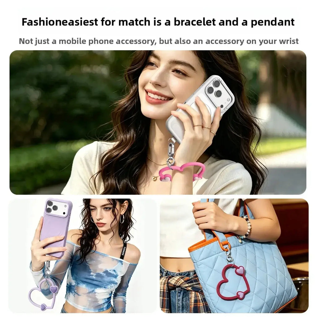 Pink heart-shaped silicone phone wrist strap with pendant and silver clasp for ins phone wrist use