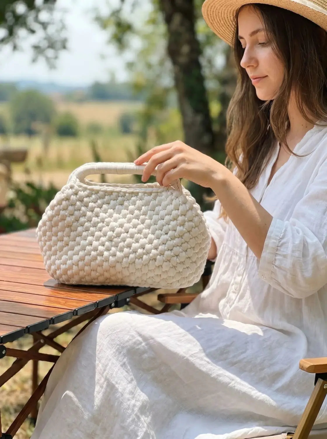 Eine cremefarbene, grob gestrickte Häkel-Schultertasche mit abgerundeter Form und geflochtenem Tragegriff, entworfen als geflochte Strandtasche bzw. Beach-Tote.