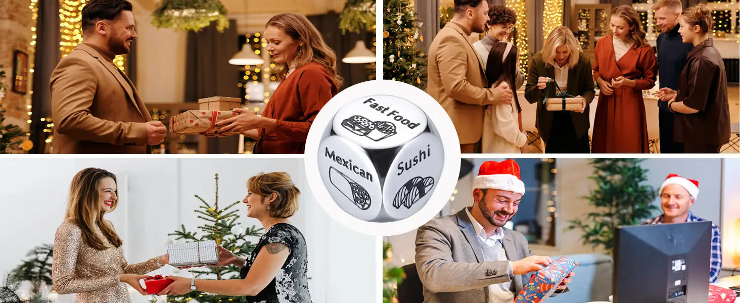 a white stainless steel three-sided food decision die with black text and illustrations for fast food mexican and sushi designed for couples date night choices