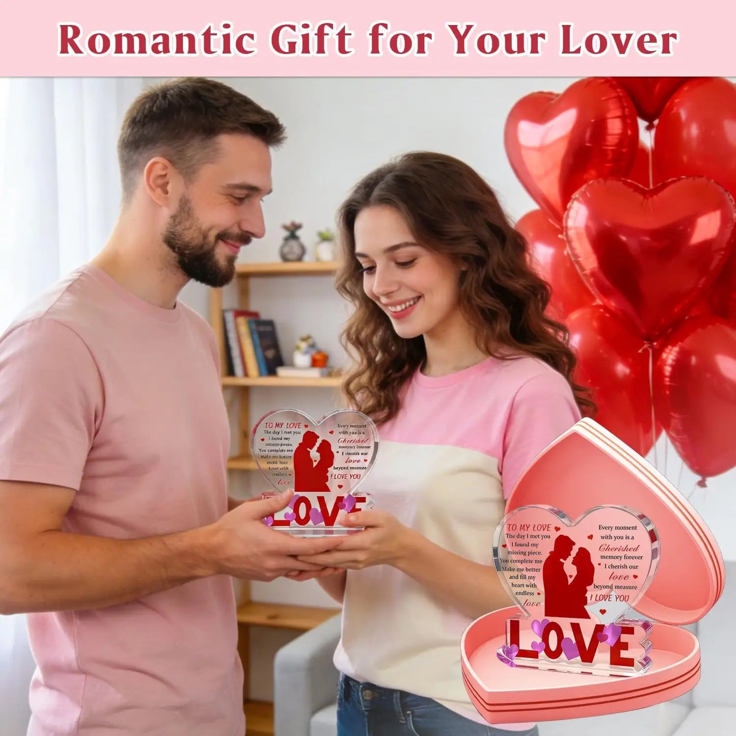 Pink heart-shaped acrylic keepsake gift box with clear insert featuring red silhouette of a couple and engraved romantic text for valentine gift.