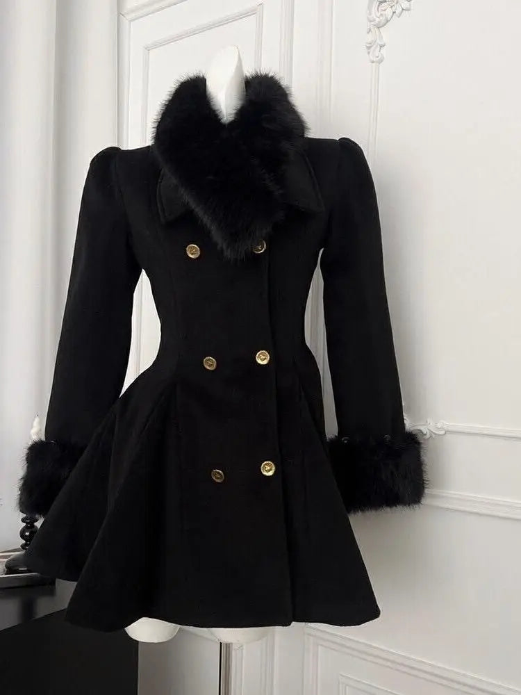 Winter French Hepburn Black Fur Collar Woolen Coat Women Vintage Blends Slim Mid-length Outwear Elegant Lolita Warm Outfits 2025