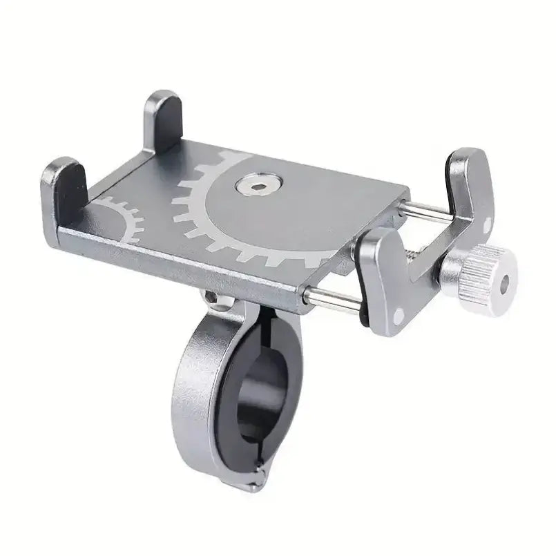 Soporte para teléfono para bicicleta de metal con acabado plateado, con diseño tipo engranaje y abrazadera ajustable para una fijación segura.