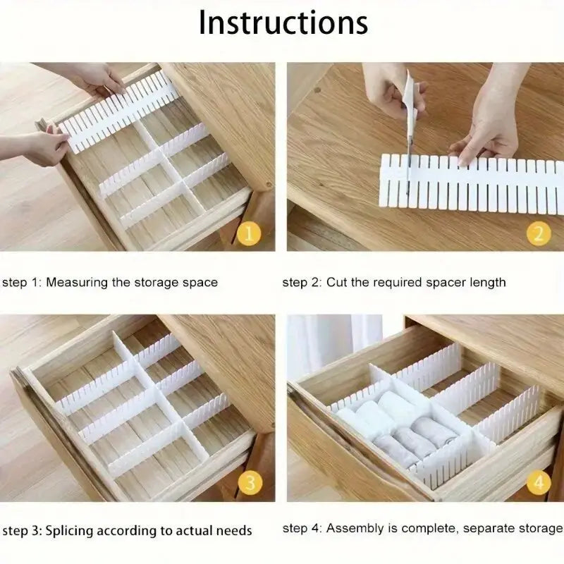 Adjustable white plastic drawer divider partition with interlocking segments for organizing clothes or small items.