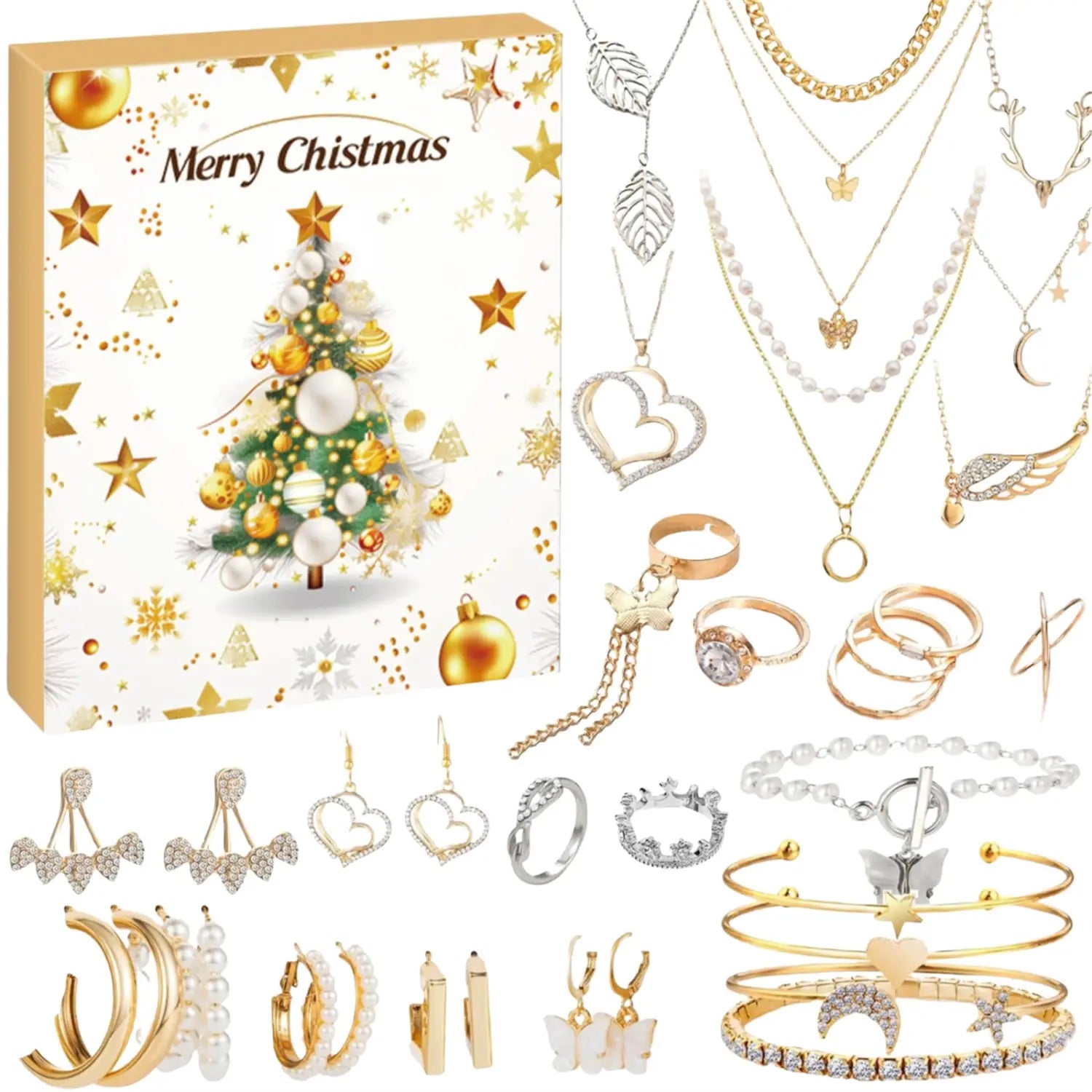 gold and silver layered necklace set with heart butterfly and pearl accents from the christmas advent calendar jewelry gift set