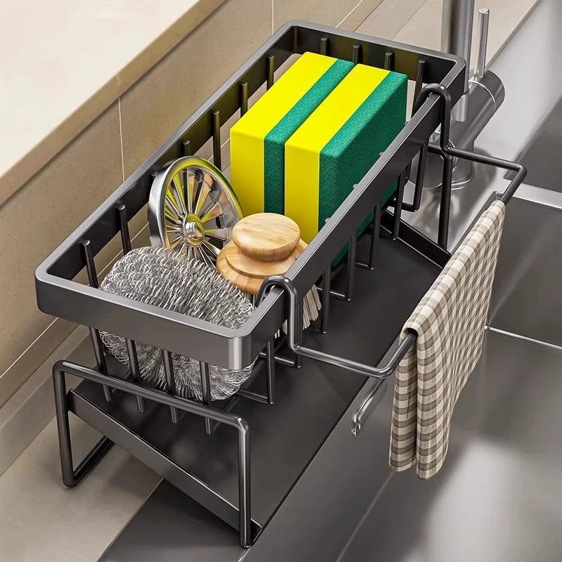 Kitchen Countertop Storage Rack Sink Sponge Holder Dishcloth Drain Basket Soap Tray Cleaning Tool Organizer for Kitchen