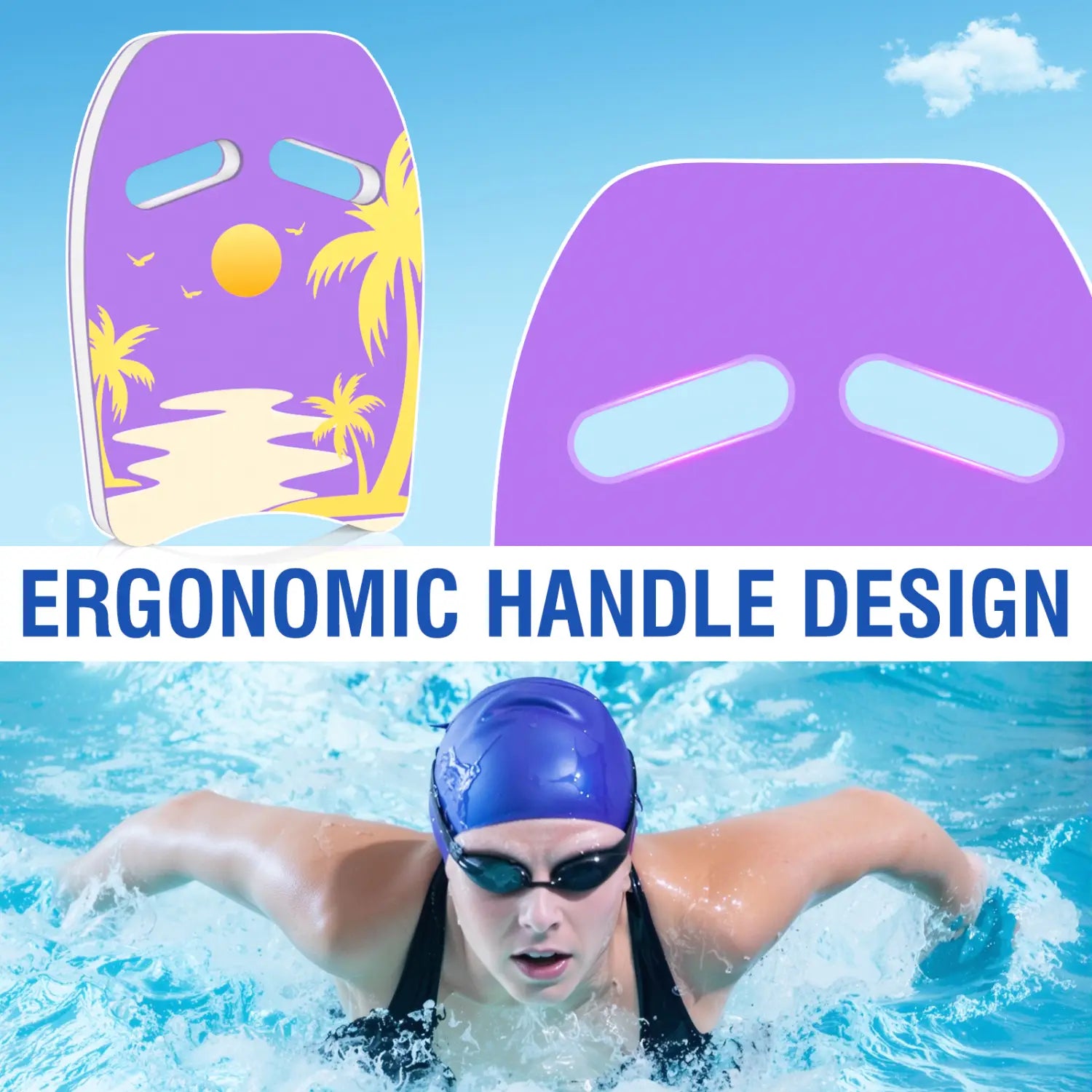 Lilaes Erwachsenen-Schwimm-Kickboard aus EVA-Schaum für das Training mit einem Design einer tropischen Strandlandschaft und ergonomischem Griff.