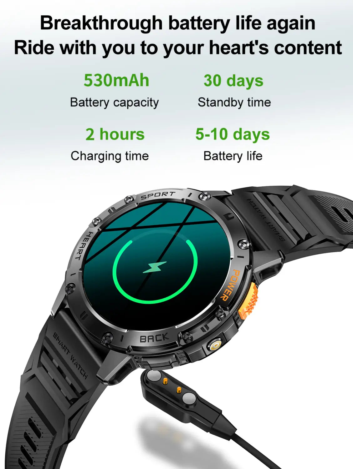 A black amoled smart watch with heart rate detection features a rugged textured band made of durable material and an orange accent button.