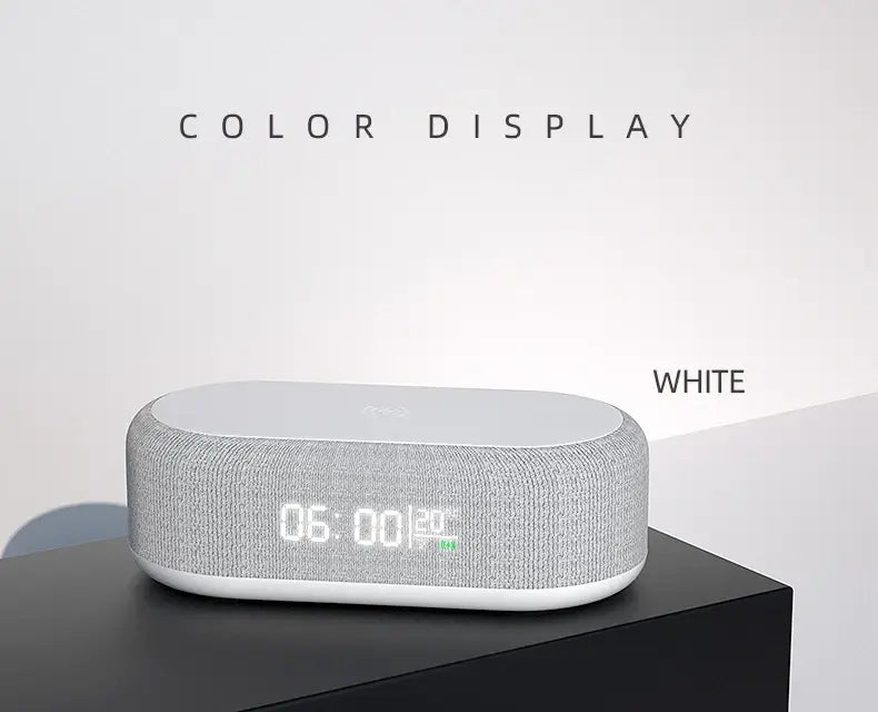 altavoz de tela texturizada blanca con diseño ovalado elegante y pantalla digital de color, con función de carga inalámbrica y modo de ahorro de energía, en un reloj despertador de carga inalámbrica con luz nocturna y termómetro