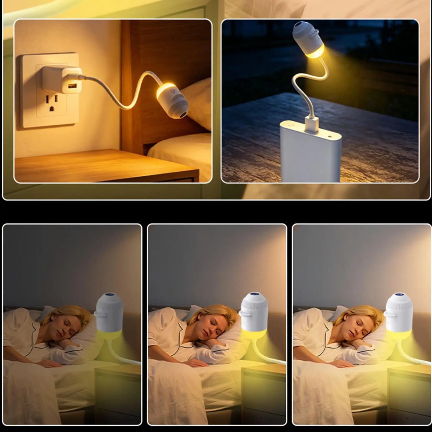 Eine flexible weiße LED-Nachtlampe mit gebogenem Gänsehaldesign und warmgelber Beleuchtung zur Verwendung mit einer Galaxy-Projektor-Nachtlampe mit 24 Folien