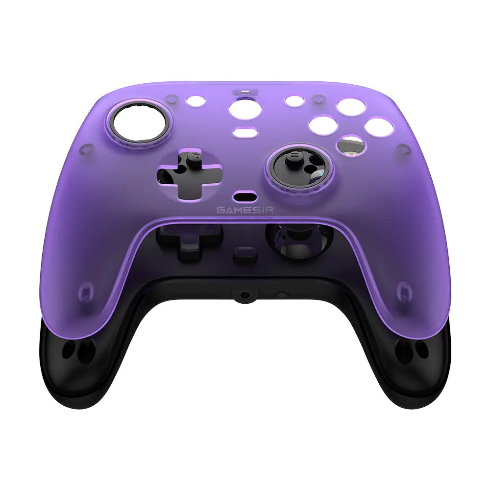 purple translucent plastic controller shell with black internal components and gamesir branding from the Gamesir G7 magnetic faceplate and accessories kit