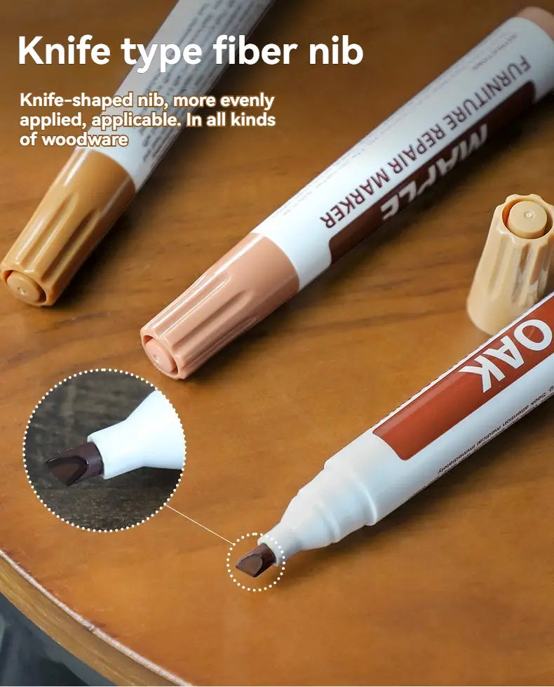 Marqueur de réparation pour meubles en bois à corps blanc, muni d’une fibre à pointe en forme de couteau et d’un capuchon chêne brun, pour la coloration du bois dans un coffret « retrait des rayures ».