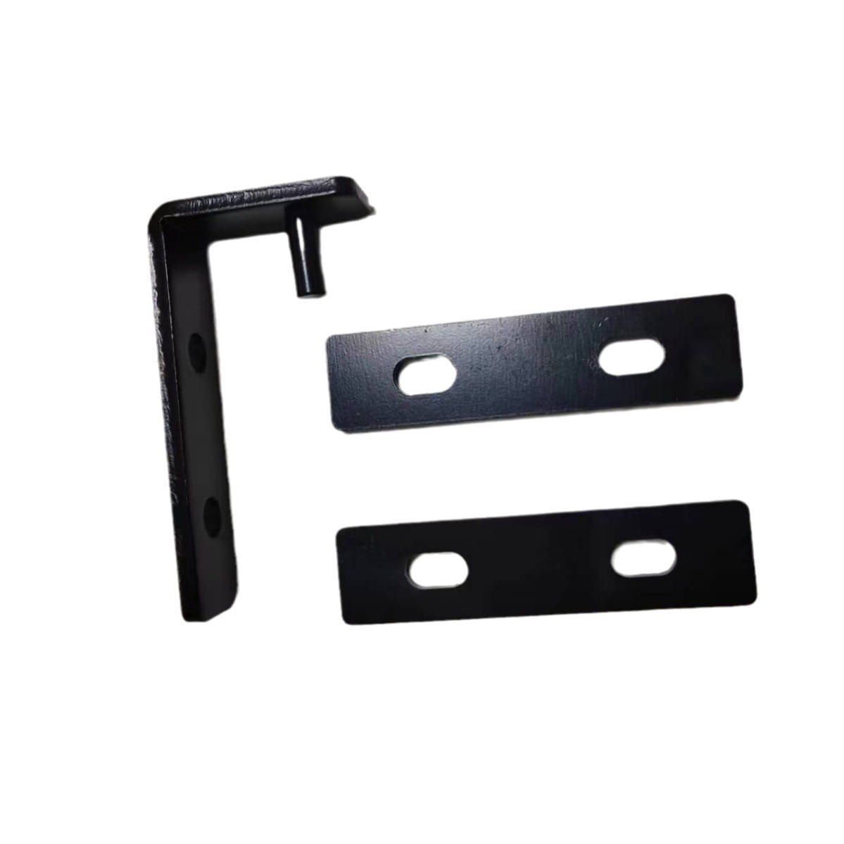 Black metal heavy duty l shaped metal shelf bracket with two matching flat mounting plates featuring oval holes for secure attachment and 200kg load capacity.
