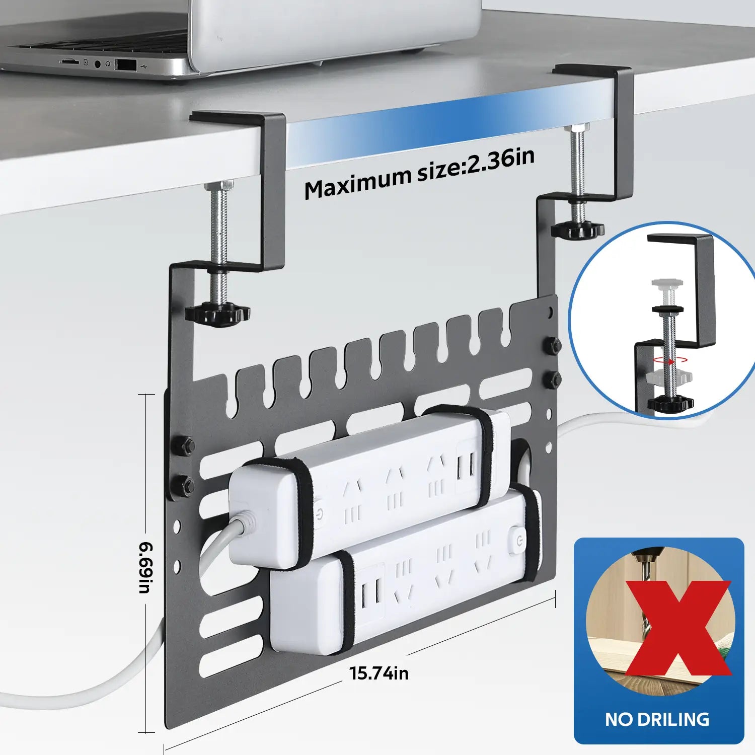 under desk cable management rack black metal with adjustable clamps and slots for securing white power strips on a desk-mounted black metal frame