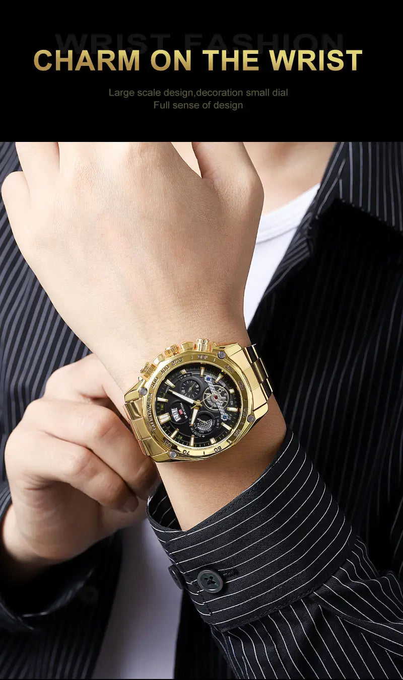 Va va voom Herrenuhr aus luxuriösem Edelstahl mit goldfarbenem Chronographen-Gehäuse, schwarzem Zifferblatt, freiliegenden mechanischen Zahnrädern und Armband aus Edelstahlgliederketten.