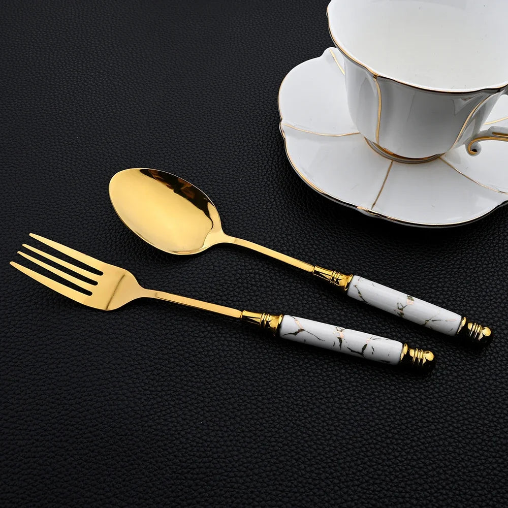 16Pcs Tableware Set Cutlery Set Mirror Ceramic Handle Gold Flatware Fork Spoon Knife Set Stainless Steel Dinnerware Dinner Set