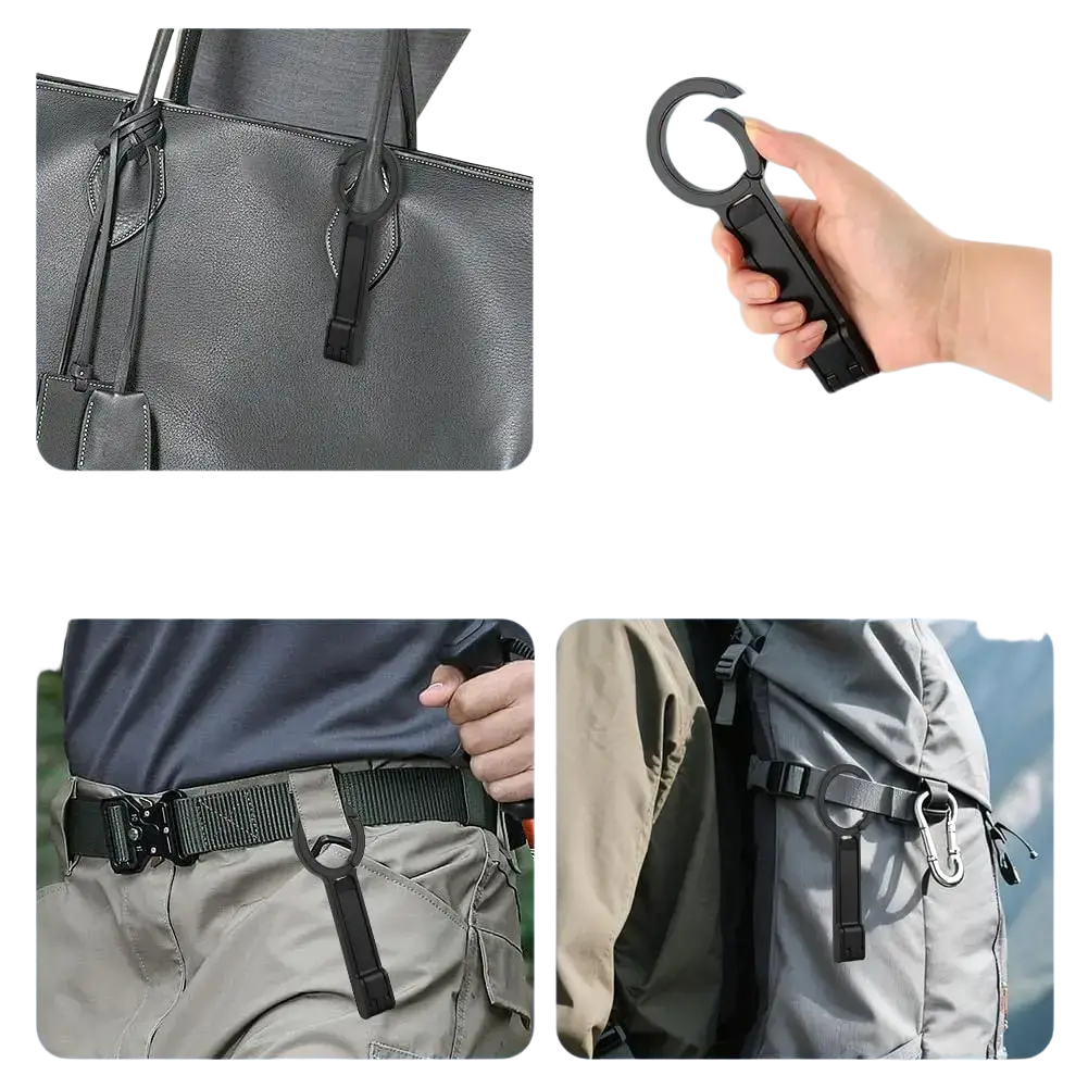 Black climbing buckle-style carabiner with ergonomic grip and curved hook attached to magnetic phone stand tripod