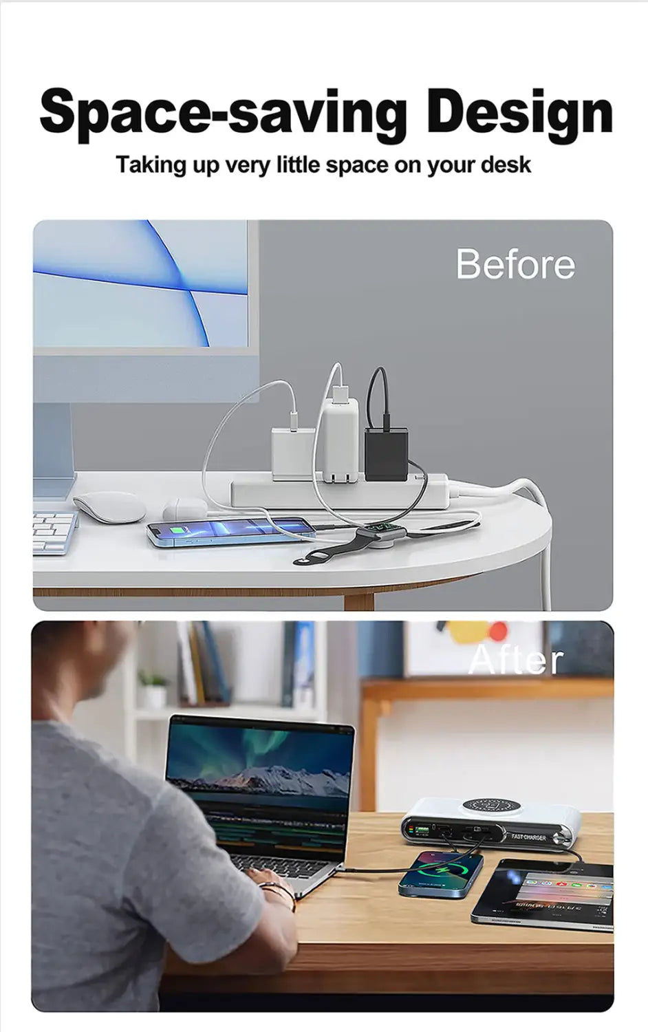 White space-saving desk organizer with multiple charging ports and sleek minimalist design featured in the 72w 6-in-1 wireless charging station.