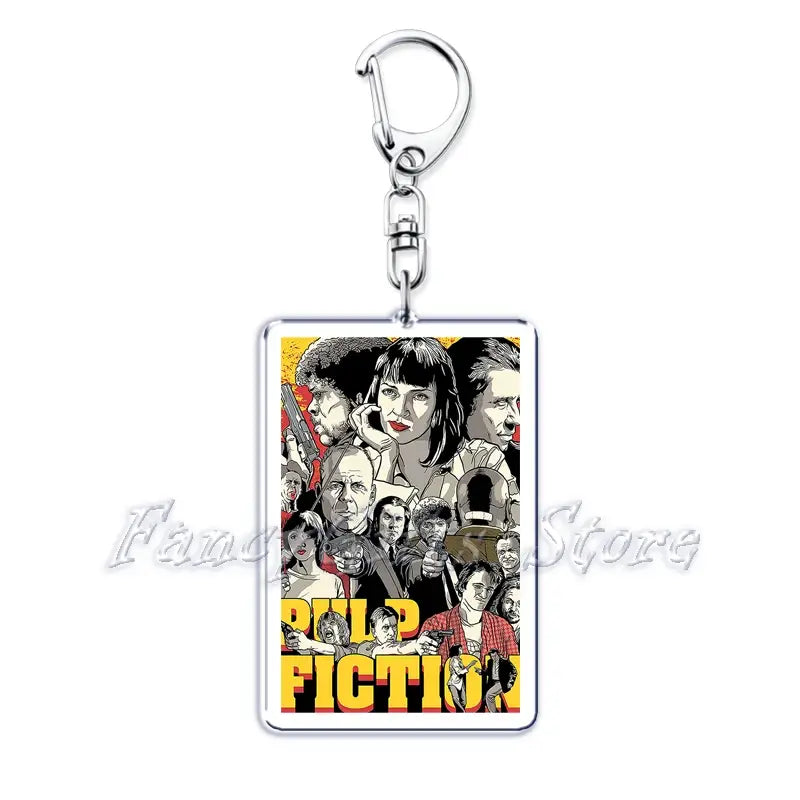 Rectangular acrylic keychain from the movie poster acrylic keychain set featuring a stylized illustration of the Pulp Fiction movie poster with bold yellow lettering and black-and-white character portraits.