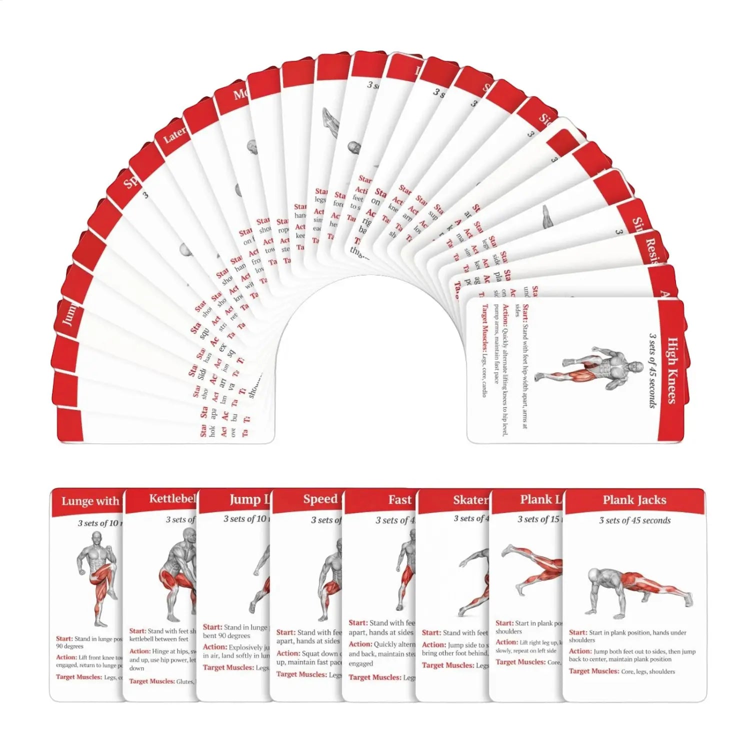 A set of white and red workout cards fitness exercise deck featuring anatomical illustrations and instructions for home and gym use.