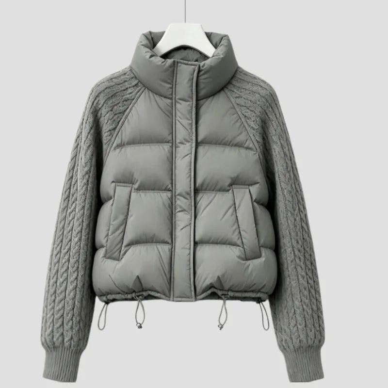 Winter New Women Down Cotton Parkas Jacket Cable Knit Sleeve Spliced Stand Collar Thick Warm Short Coat Petite Ladies Outerwear