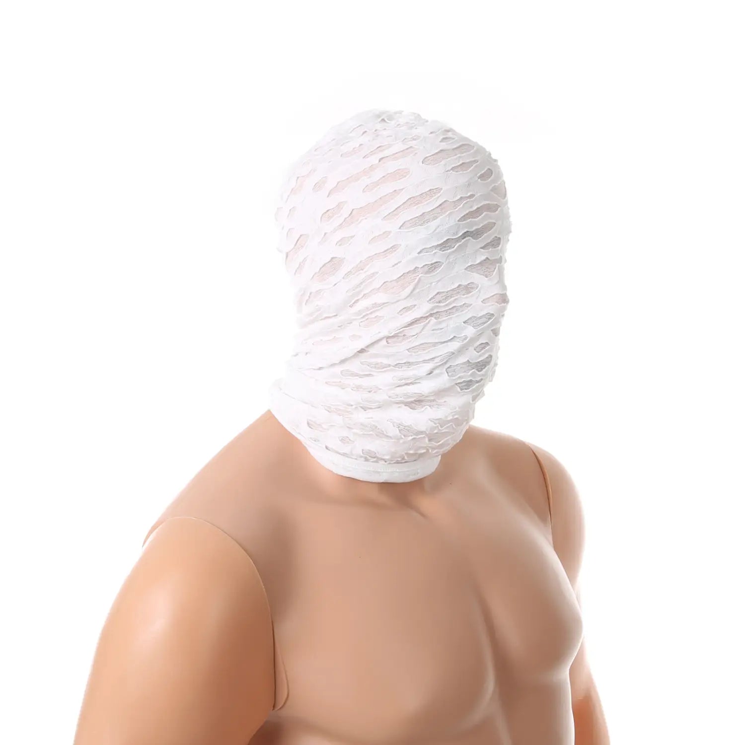 capuche en résille déchirée blanche texturée avec motif en croisillons pour un masque momie en résille déchirée, cosplay d’Halloween