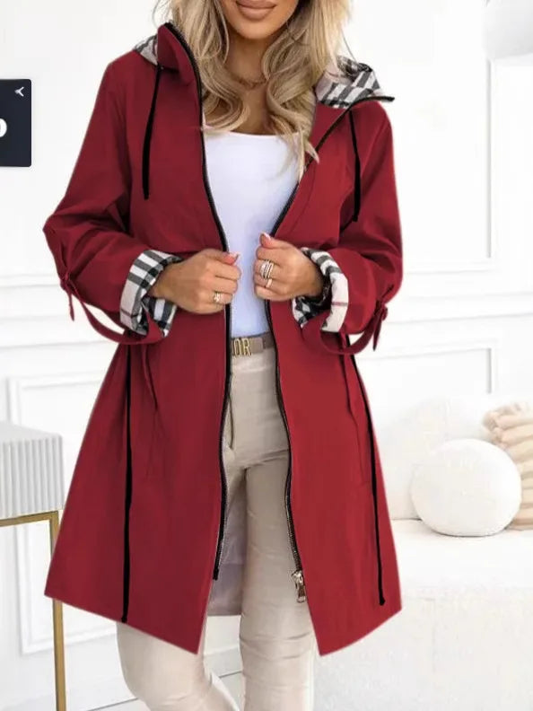 Fashion Trench Coat Woman Autumn Winter Solid Color Versatile Casual Street Style Cardigan Long-sleeved Hooded Plaid Outerwears