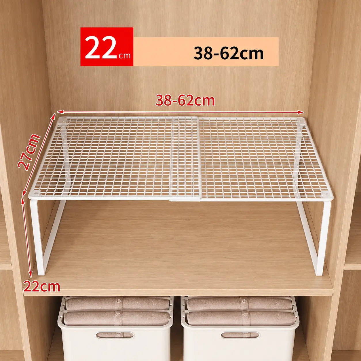 white metal mesh closet shelf with adjustable height and foldable design for expandable cabinet organizer and metal wire storage rack.