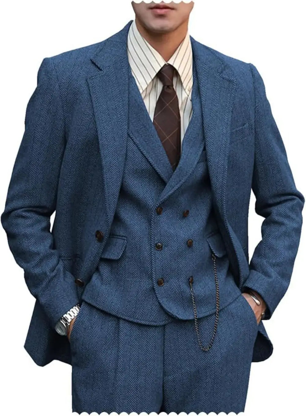 Blauer Hahnentritt-Woll-Herren-3-teilig-Anzug mit Doppelreiherweste und passenden Hosen, dargestellt mit Größentabelle für den Herren-Hahnentritt-3-teilig-Anzug.