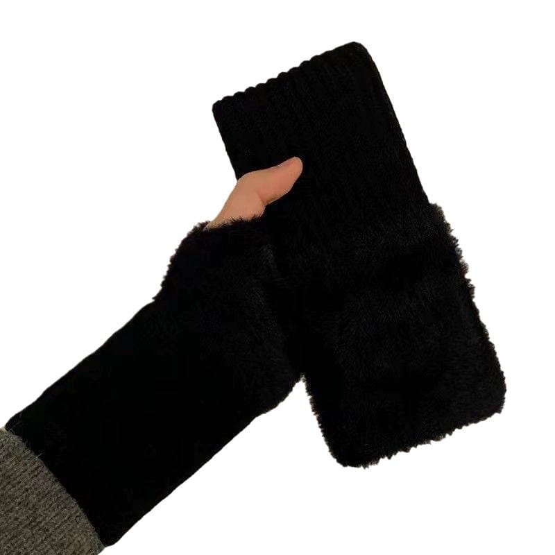 Des gants sans doigts tricotés noirs avec doublure duveteuse moelleuse, conçus pour les femmes en vue d’un usage hivernal, présentant le côté arrière du produit.