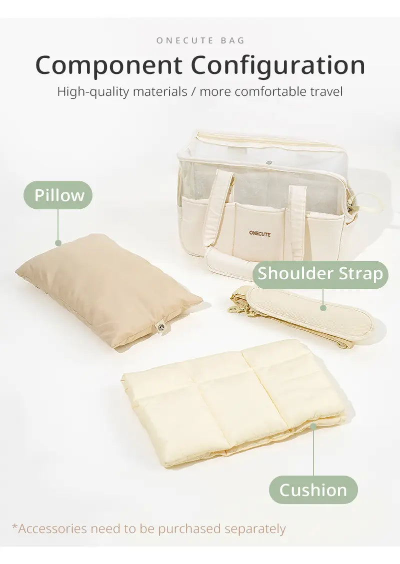 Sac à dos pour chien de petite taille en toile respirante beige de couleur crème, avec panneaux latéraux transparents, plusieurs compartiments, assorti à la bandoulière, et deux coussins inclus