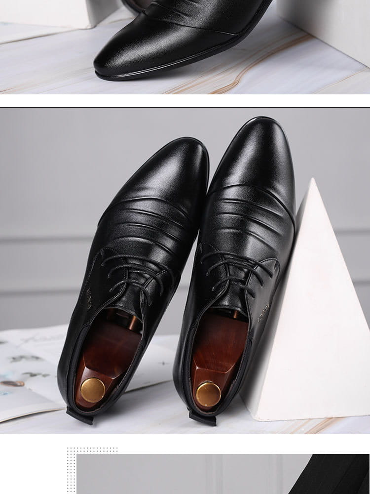 Zapatos de vestir de hombre de cuero negro con punta fina y detalles sutiles de costuras para uso con cordones formales